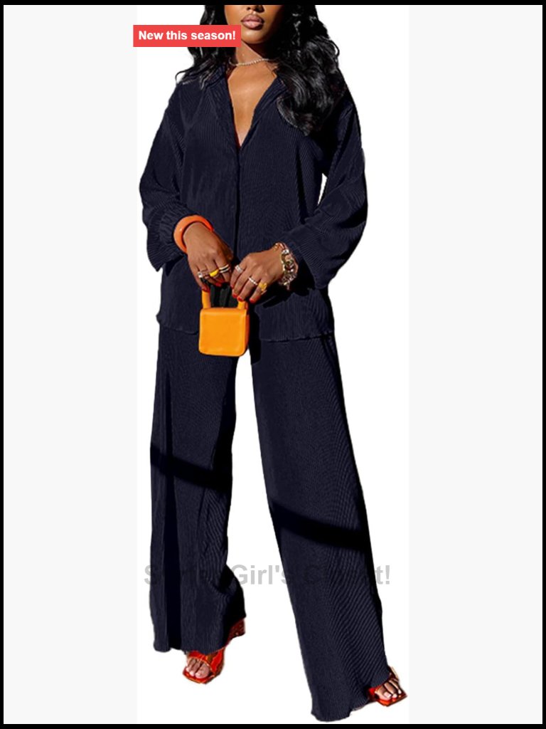 Linen 2 Piece Outfit - Long Sleeve Button Down Shirt + Wide Leg Pants Set